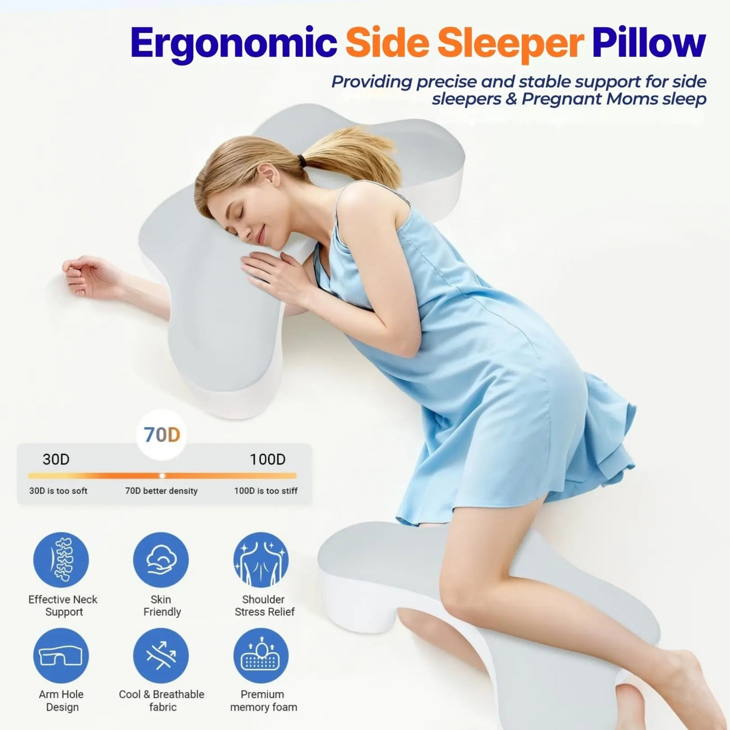 Side Sleeper Pillow with Arm Channels – Support Foam Cushion