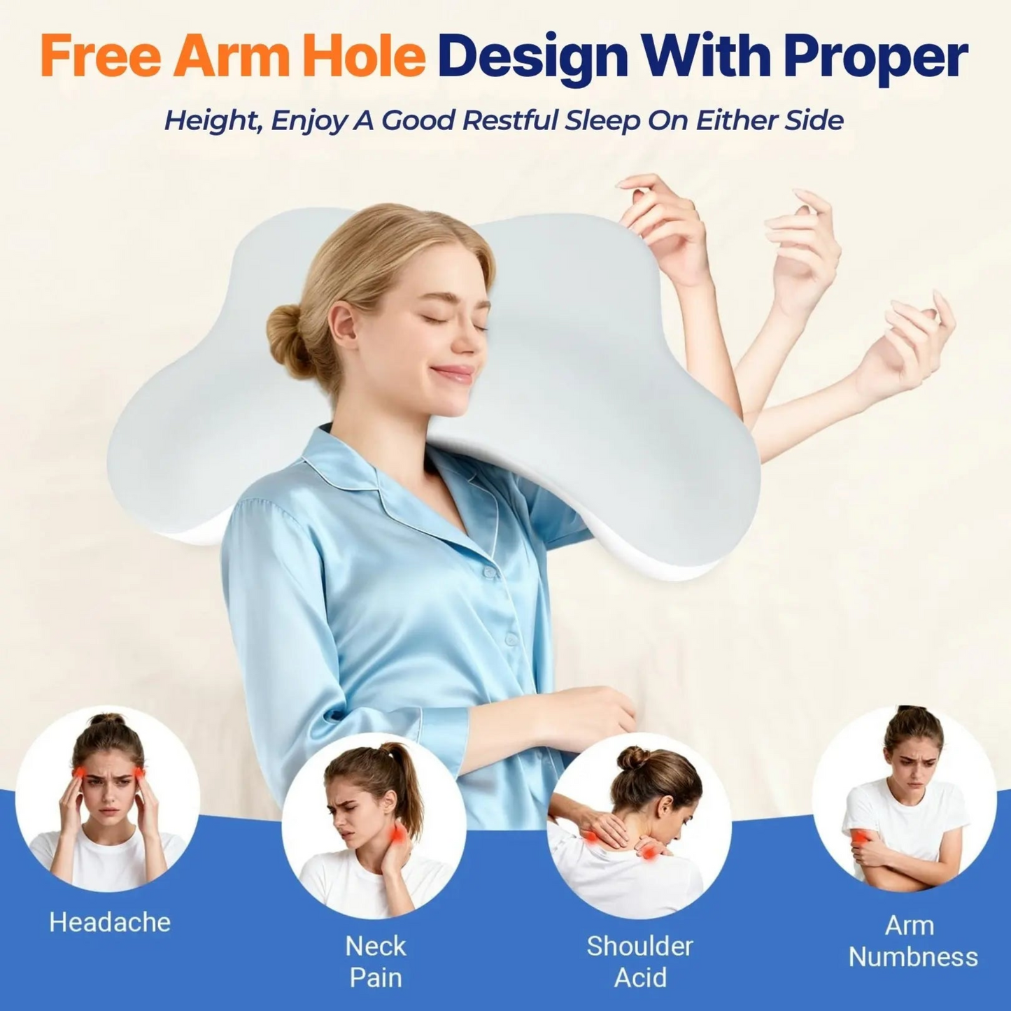 Side Sleeper Pillow with Arm Channels – Support Foam Cushion