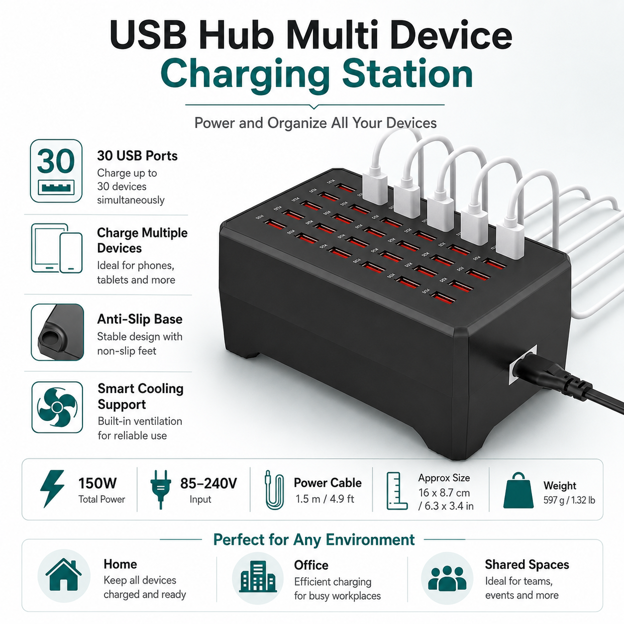 USB Hub Multi Device Charging Station Multiple Port Design