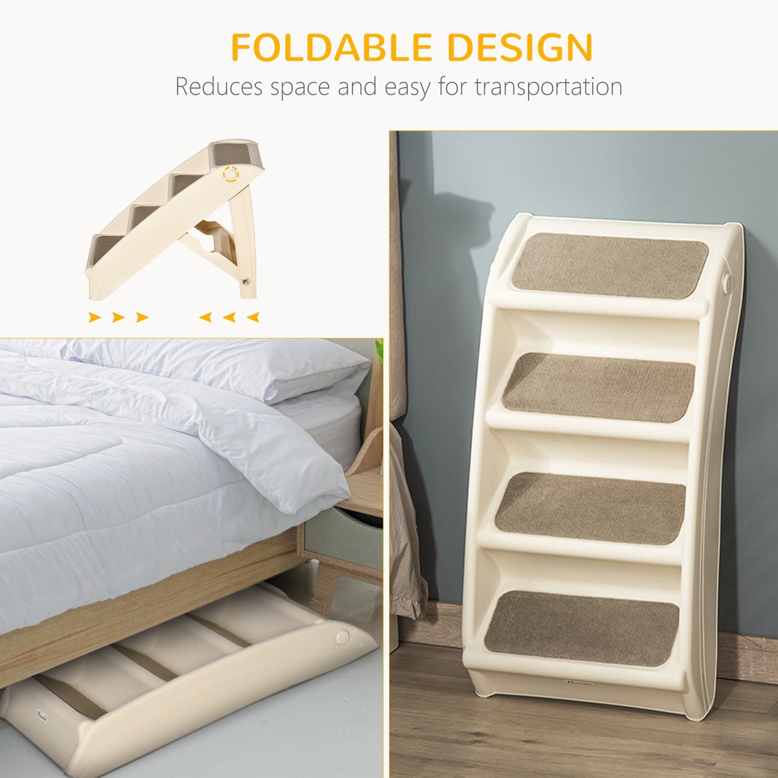 4-Step Foldable Pet Stairs with Non-Slip Mats – Beige