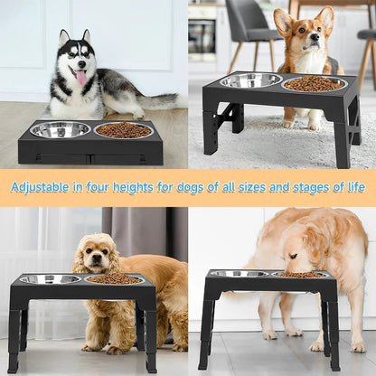 Adjustable Tilt Raised Dog Bowl Stand with Stainless and Slow-Feed Bowls