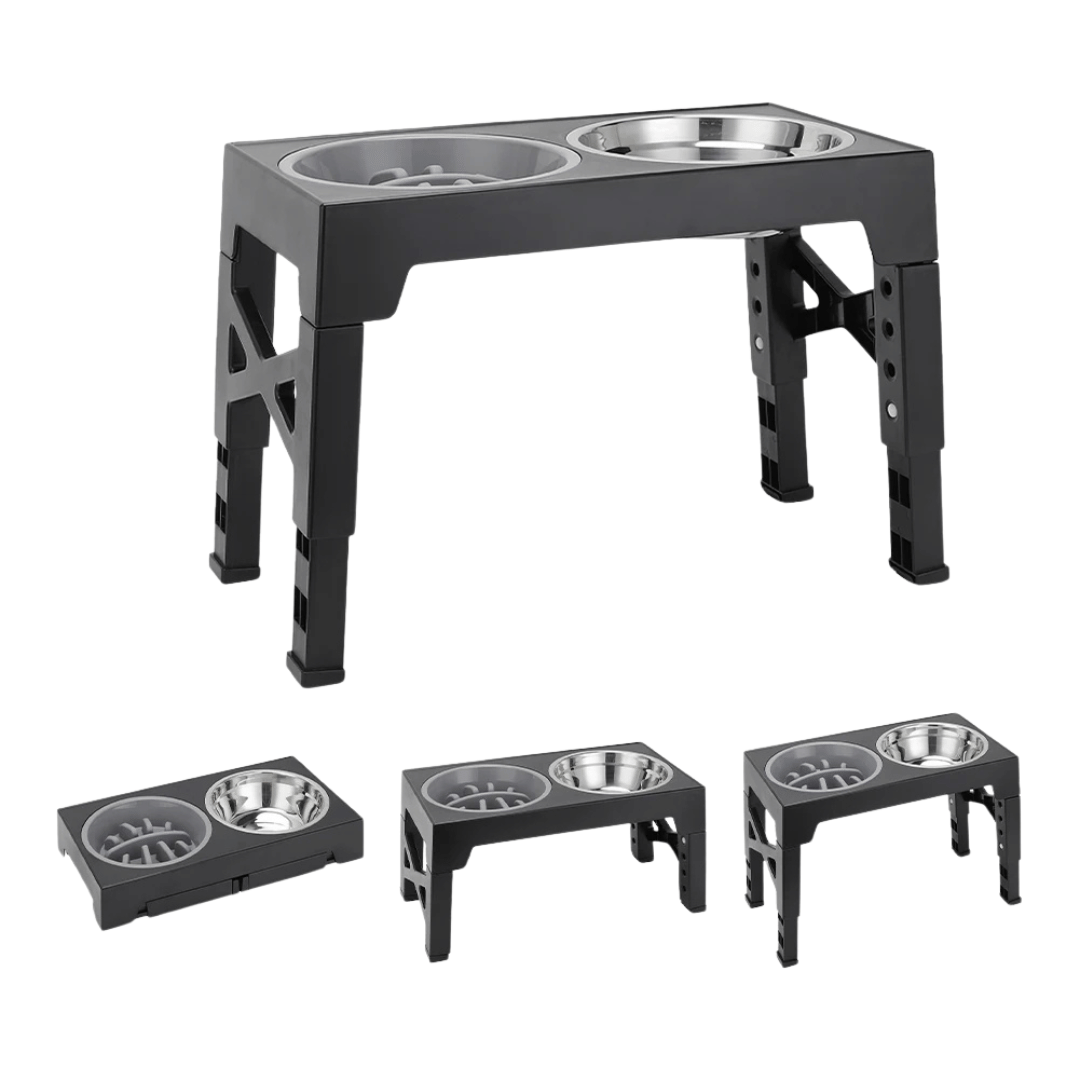 Adjustable Tilt Raised Dog Bowl Stand with Stainless and Slow-Feed Bowls