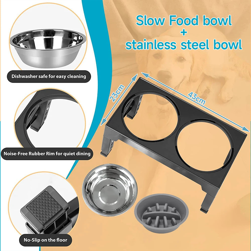 Adjustable Tilt Raised Dog Bowl Stand with Stainless and Slow-Feed Bowls