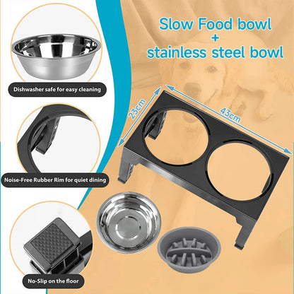 Adjustable Tilt Raised Dog Bowl Stand with Stainless and Slow-Feed Bowls