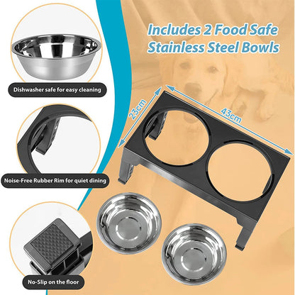 Adjustable Tilt Raised Dog Bowl Stand with Stainless and Slow-Feed Bowls