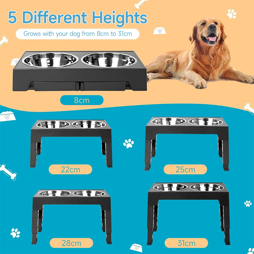 Adjustable Tilt Raised Dog Bowl Stand with Stainless and Slow-Feed Bowls