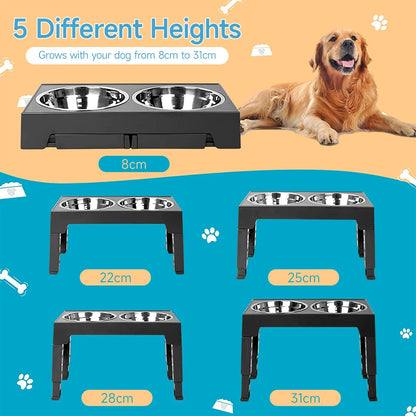 Adjustable Tilt Raised Dog Bowl Stand with Stainless and Slow-Feed Bowls