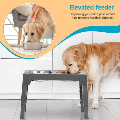 Adjustable Tilt Raised Dog Bowl Stand with Stainless and Slow-Feed Bowls