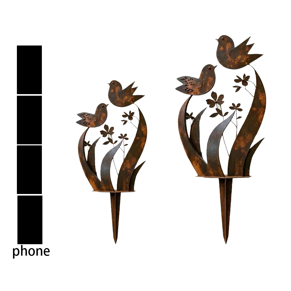 Iron garden stake with bird and flower motif