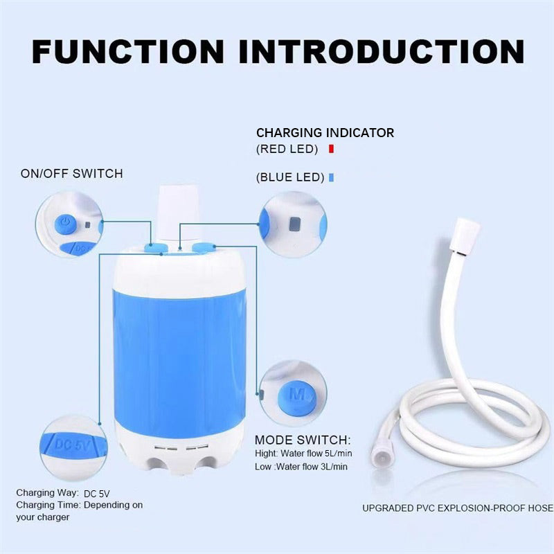 Portable camping shower with pump and 2 spray modes