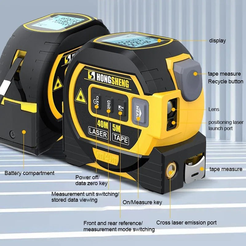 3-in-1 Laser Tape Measure – 60m Rangefinder & 5m Tape