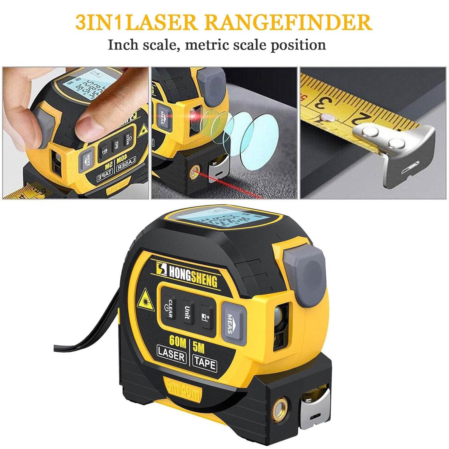 3-in-1 Laser Tape Measure – 60m Rangefinder & 5m Tape