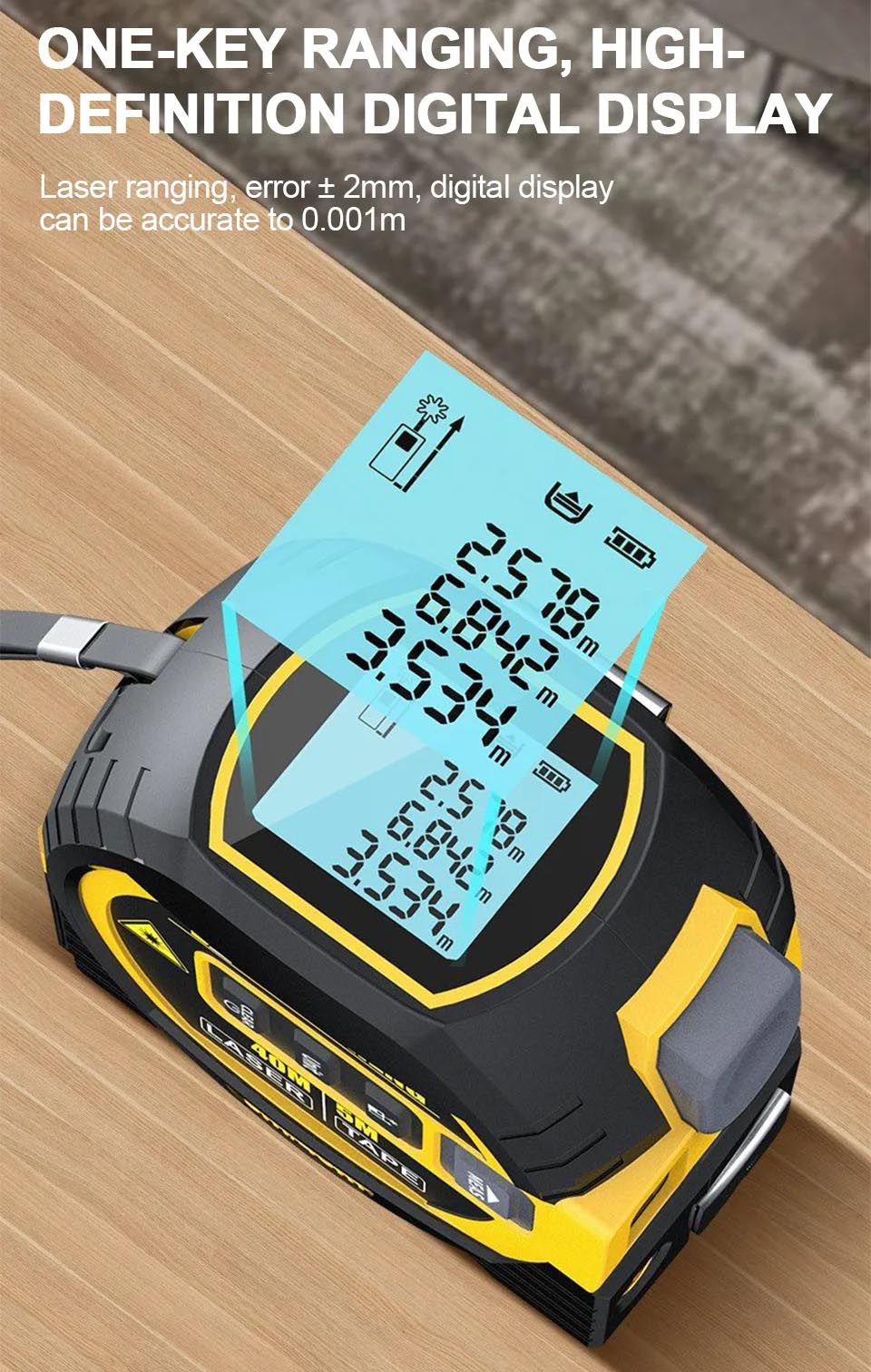 3-in-1 Laser Tape Measure – 60m Rangefinder & 5m Tape