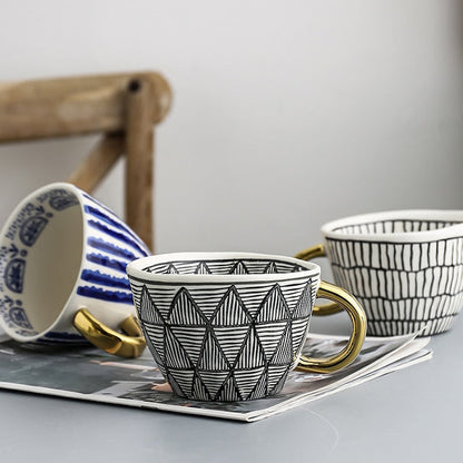Geometric Pattern Mug with Gold Handle Coffee Cup