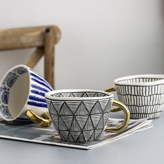 Geometric Pattern Mug with Gold Handle Coffee Cup