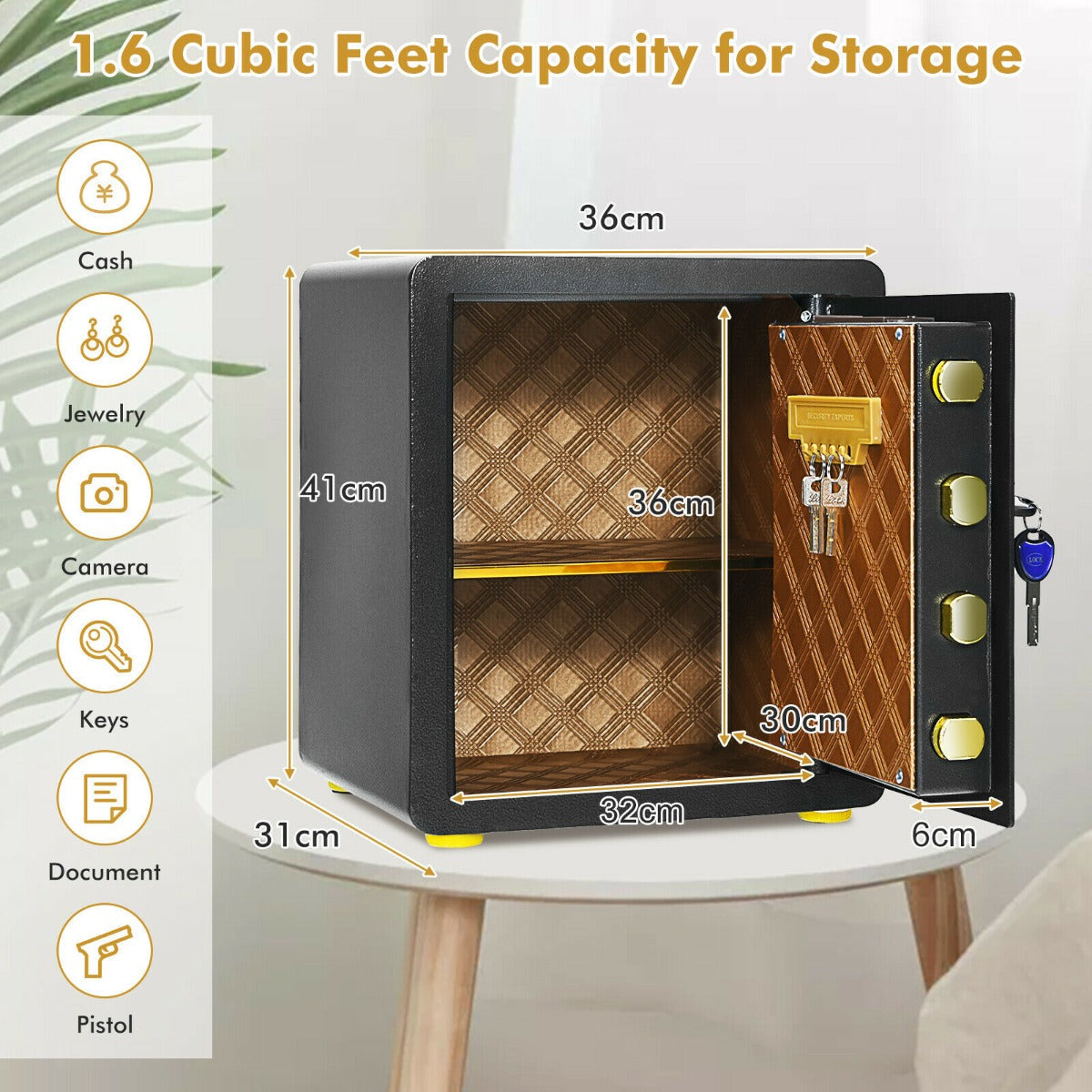 Electronic Safe Box - 36 x 31 x 41 cm, 3 Ways to Open, for Cash and Jewelry Storage - Perfect for Depositing Valuables Securely