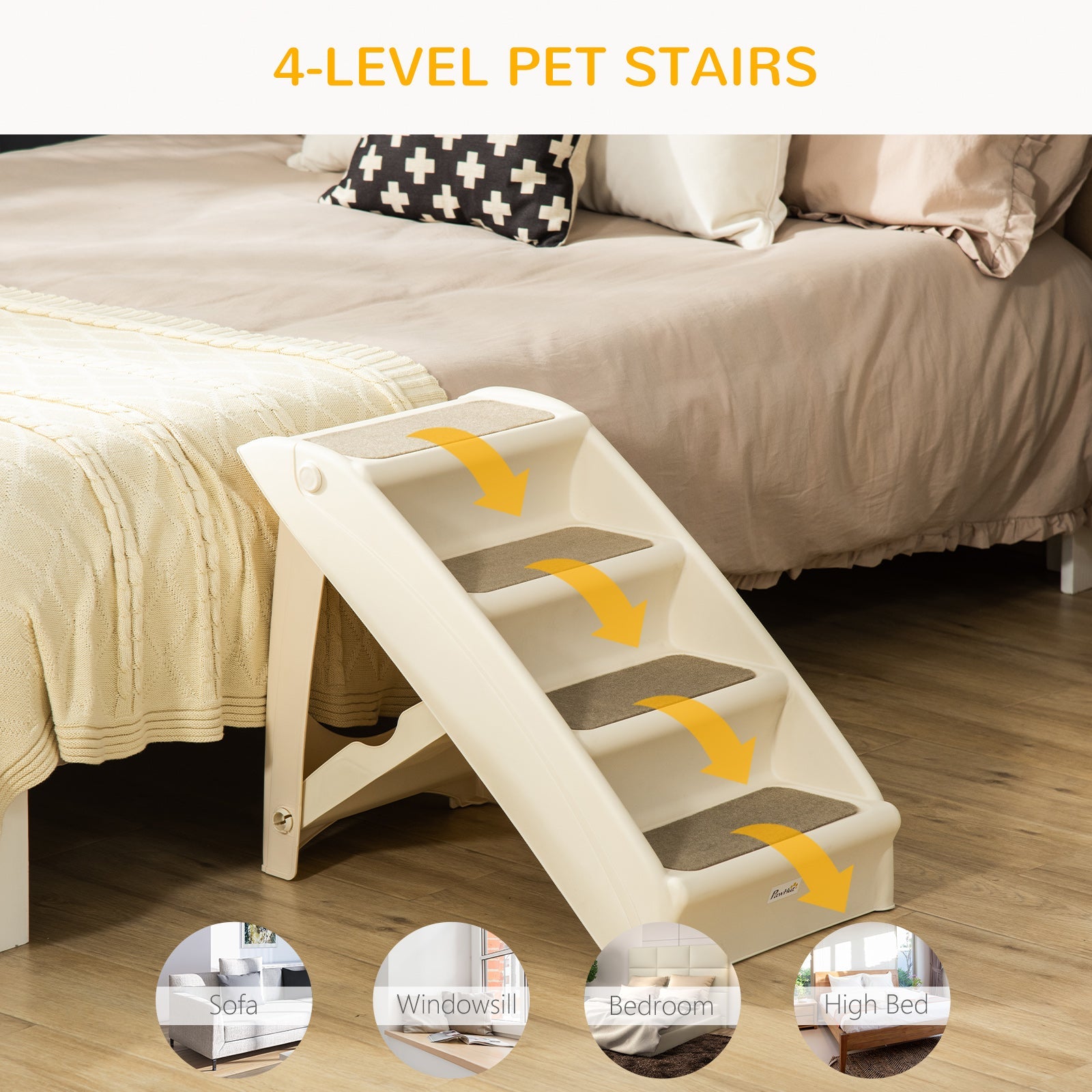 4-Step Foldable Pet Stairs with Non-Slip Mats – Beige