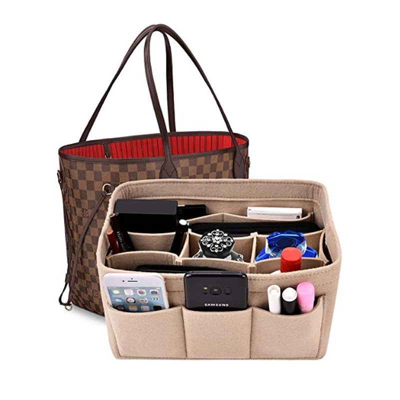 13-Compartment Felt Handbag Organiser Insert with Zip Pocket