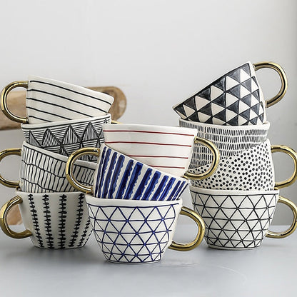 Geometric Pattern Mug with Gold Handle Coffee Cup