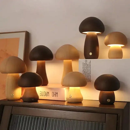 Wooden Mushroom LED Night Light – Dimmable Touch Lamp