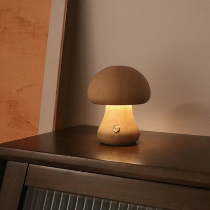 Wooden Mushroom LED Night Light – Dimmable Touch Lamp