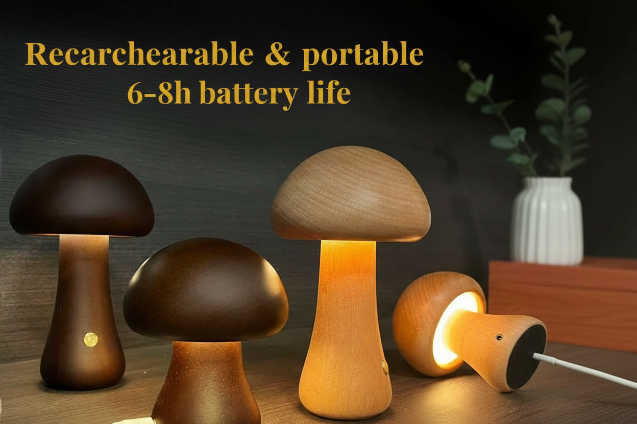 Wooden Mushroom LED Night Light – Dimmable Touch Lamp