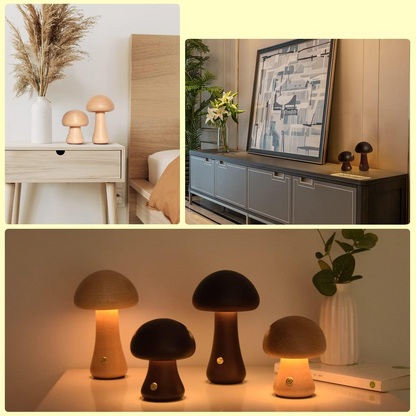 Wooden Mushroom LED Night Light – Dimmable Touch Lamp