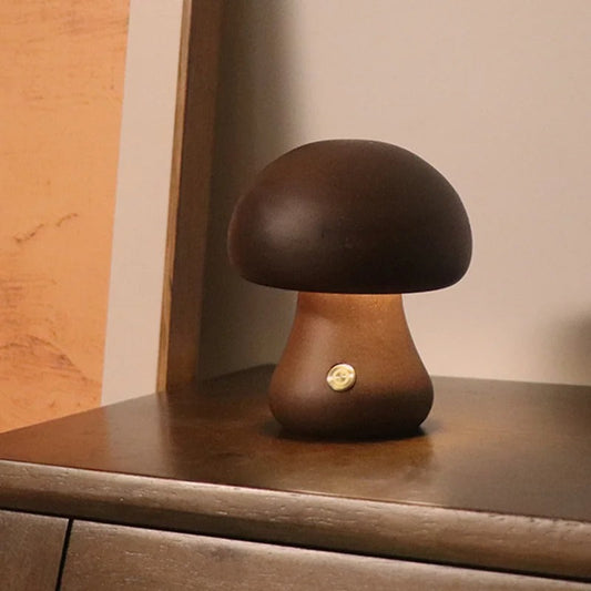 Wooden Mushroom LED Night Light – Dimmable Touch Lamp