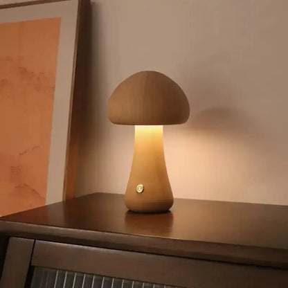 Wooden Mushroom LED Night Light – Dimmable Touch Lamp