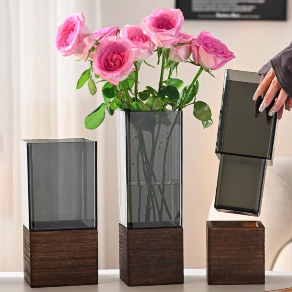 Square Wooden-Base Acrylic Vase