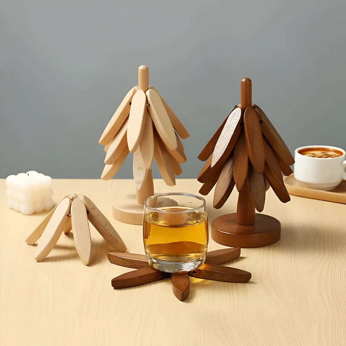 Wooden Tree-Shaped Trivet Set – 4 Pieces