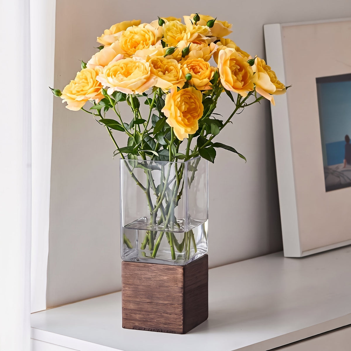 Square Wooden-Base Acrylic Vase