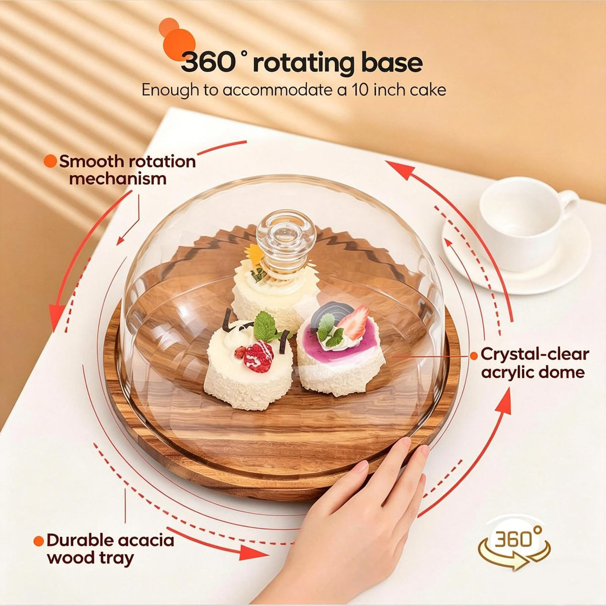 Rotating Wooden Cake Stand with Optional Dome Lid