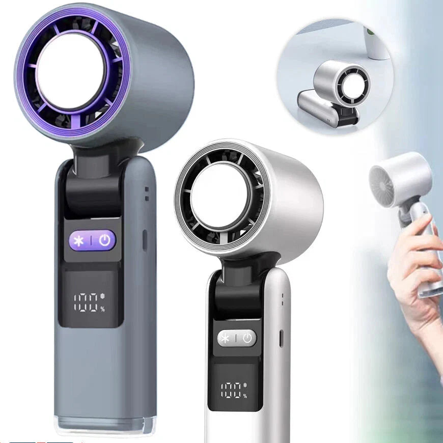 Portable Handheld Turbo Fan – USB Rechargeable with Ice Cooling Plate and Digital Display