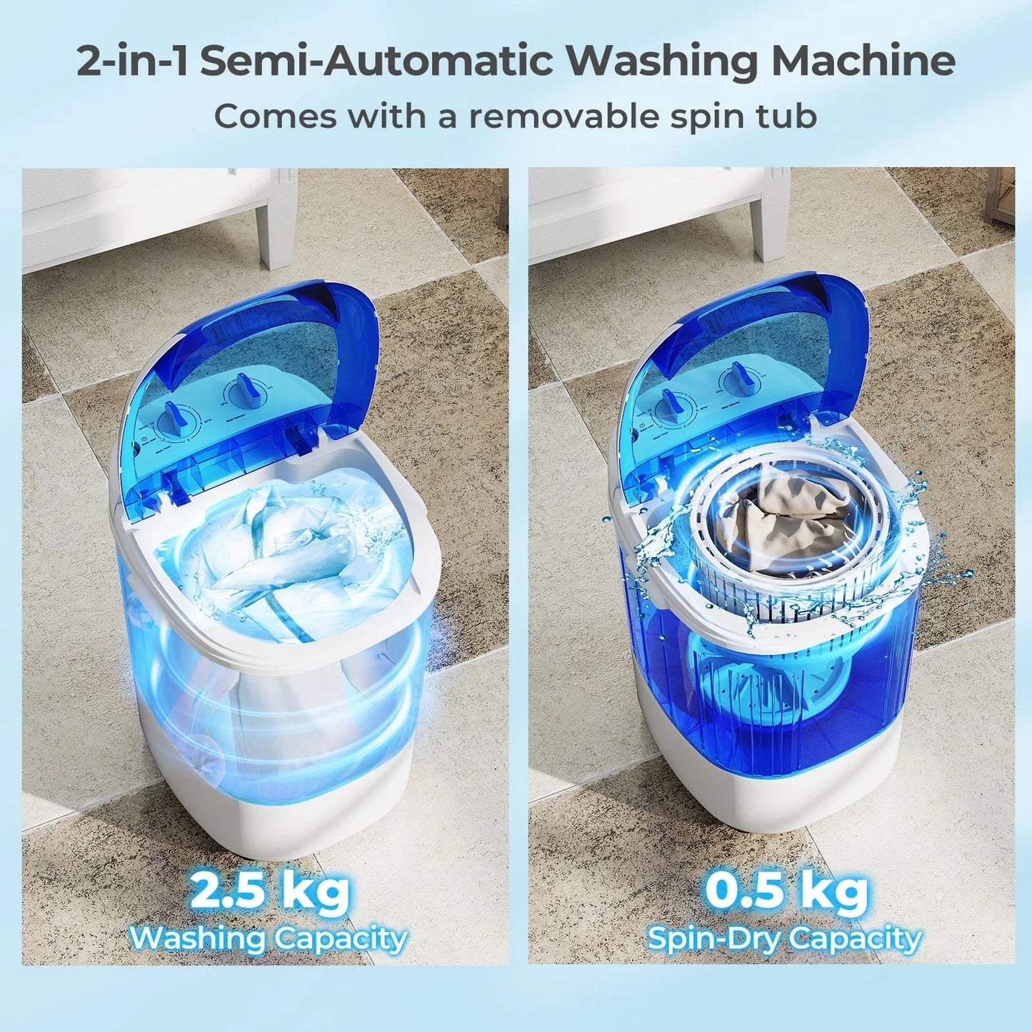 Compact Portable Mini Washing Machine - 2.5kg Wash & Spin