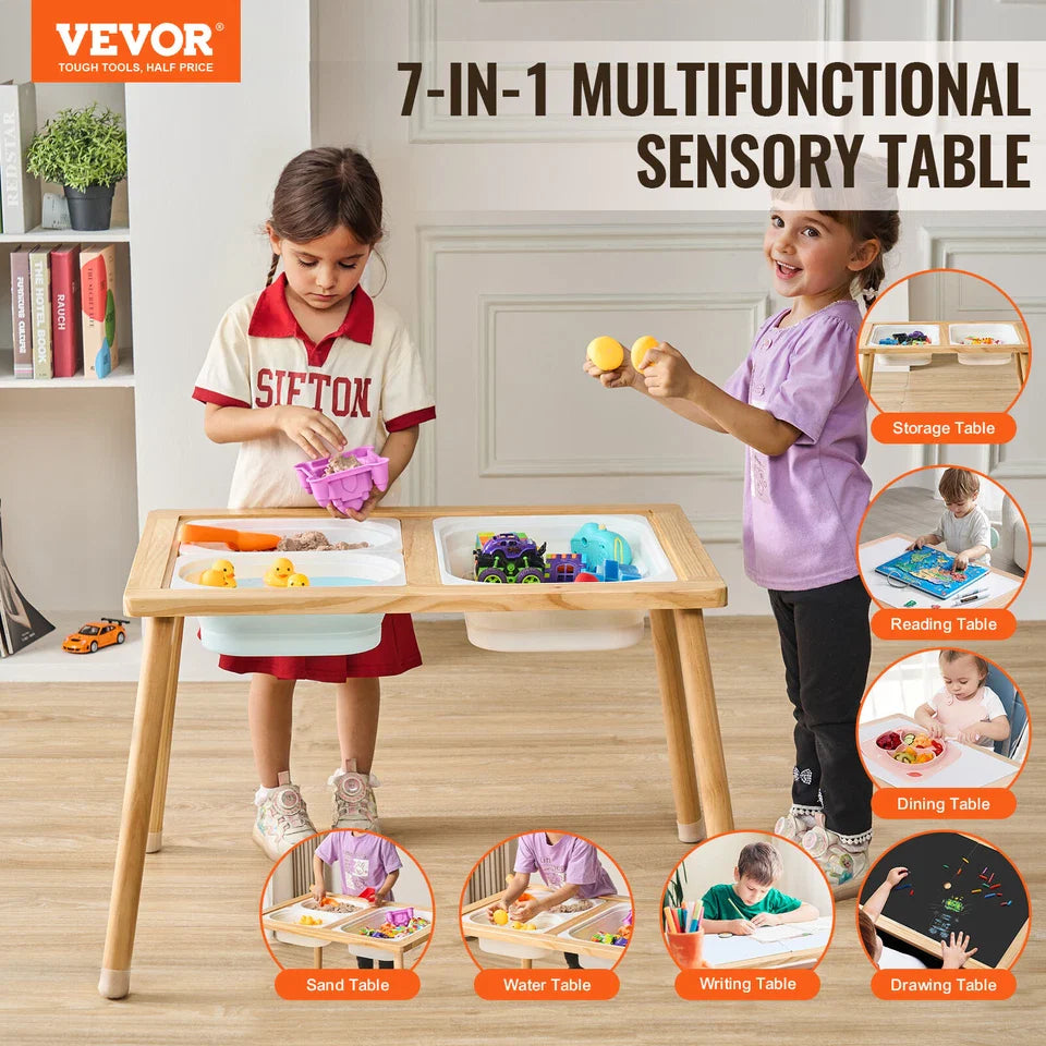 Kids Sensory Play Table - Natural Wood with Storage Bins