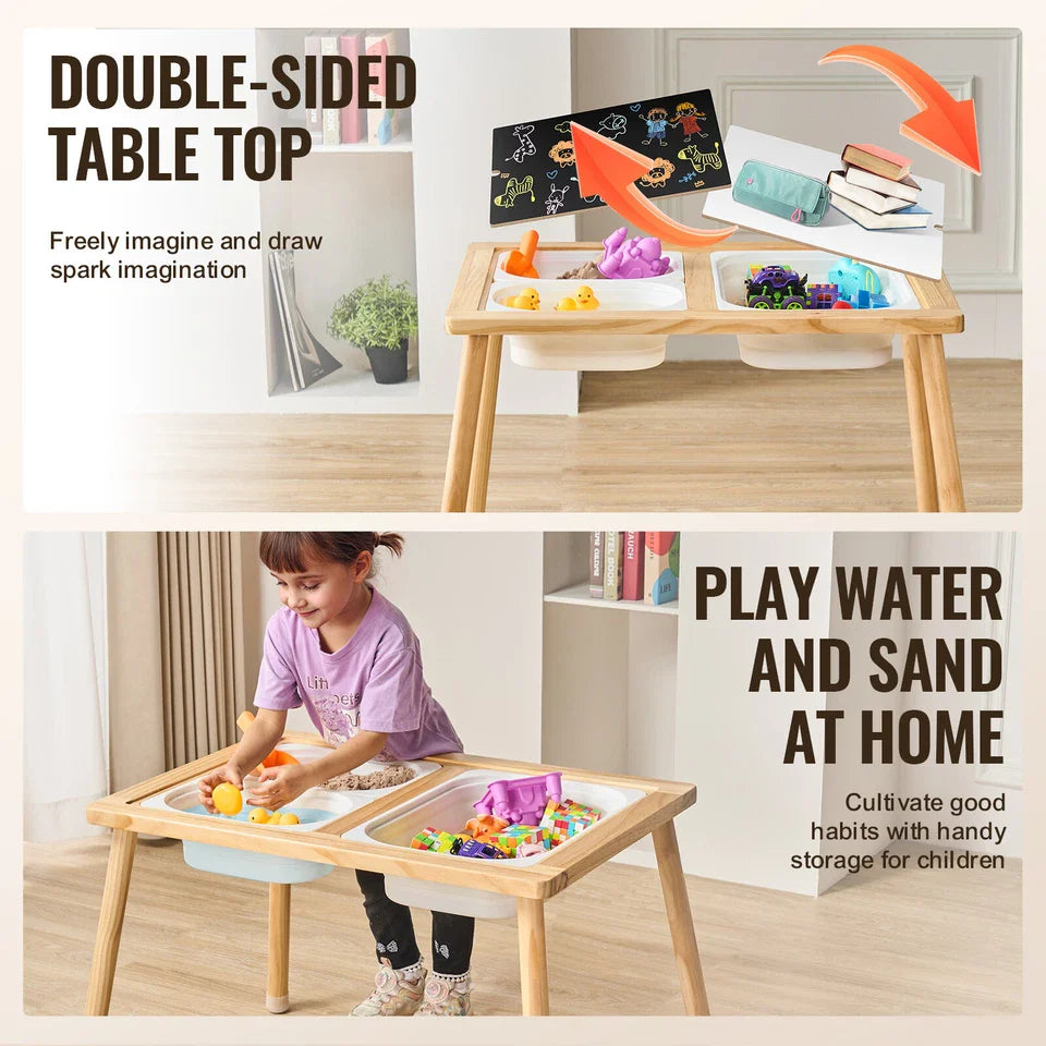 Kids Sensory Play Table - Natural Wood with Storage Bins