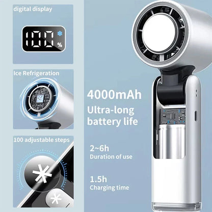 Portable Handheld Turbo Fan – USB Rechargeable with Ice Cooling Plate and Digital Display