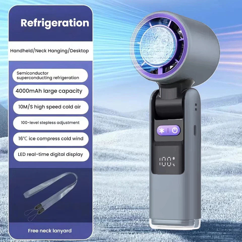 Portable Handheld Turbo Fan – USB Rechargeable with Ice Cooling Plate and Digital Display