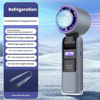 Portable Handheld Turbo Fan – USB Rechargeable with Ice Cooling Plate and Digital Display