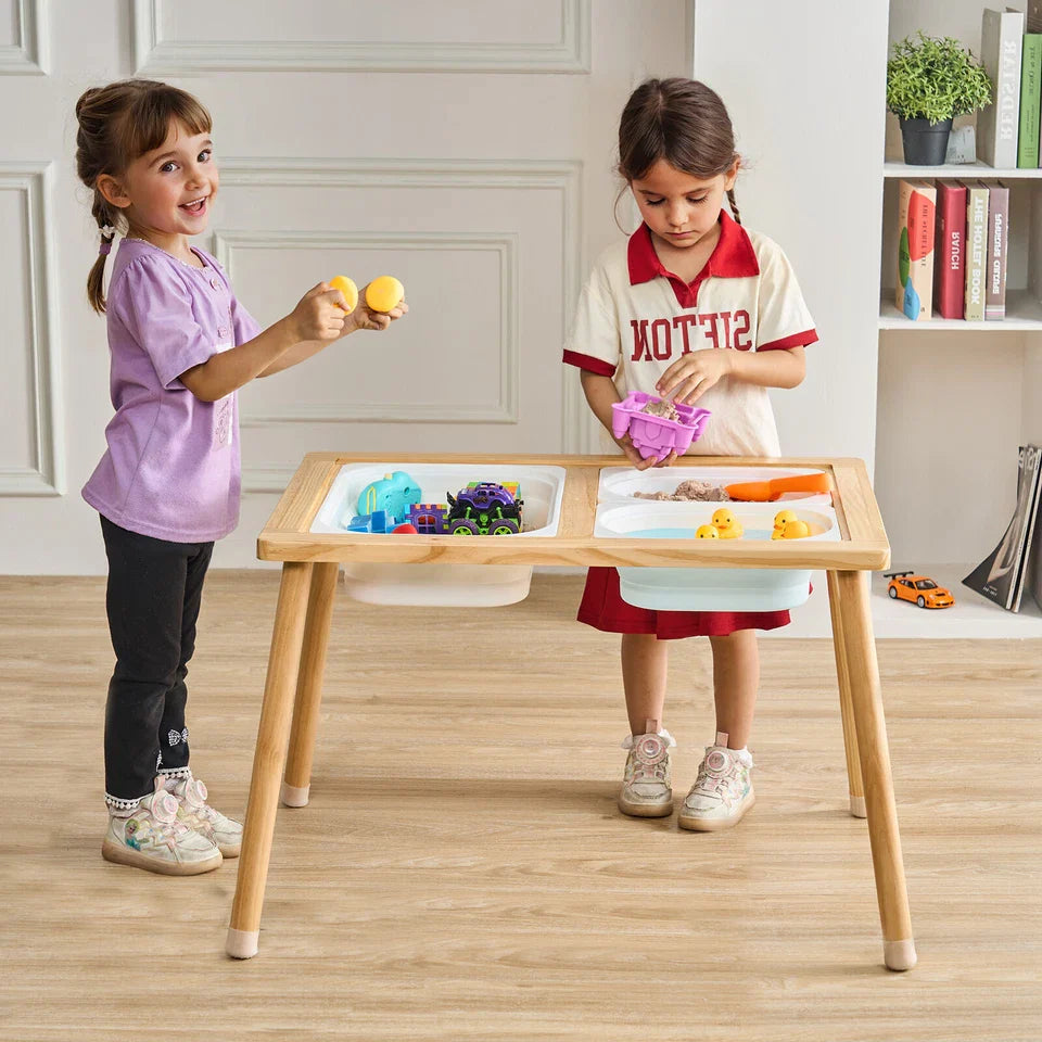 Kids Sensory Play Table - Natural Wood with Storage Bins