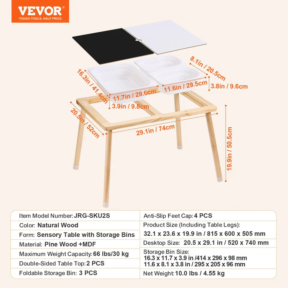 Kids Sensory Play Table - Natural Wood with Storage Bins