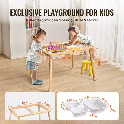 Kids Sensory Play Table - Natural Wood with Storage Bins