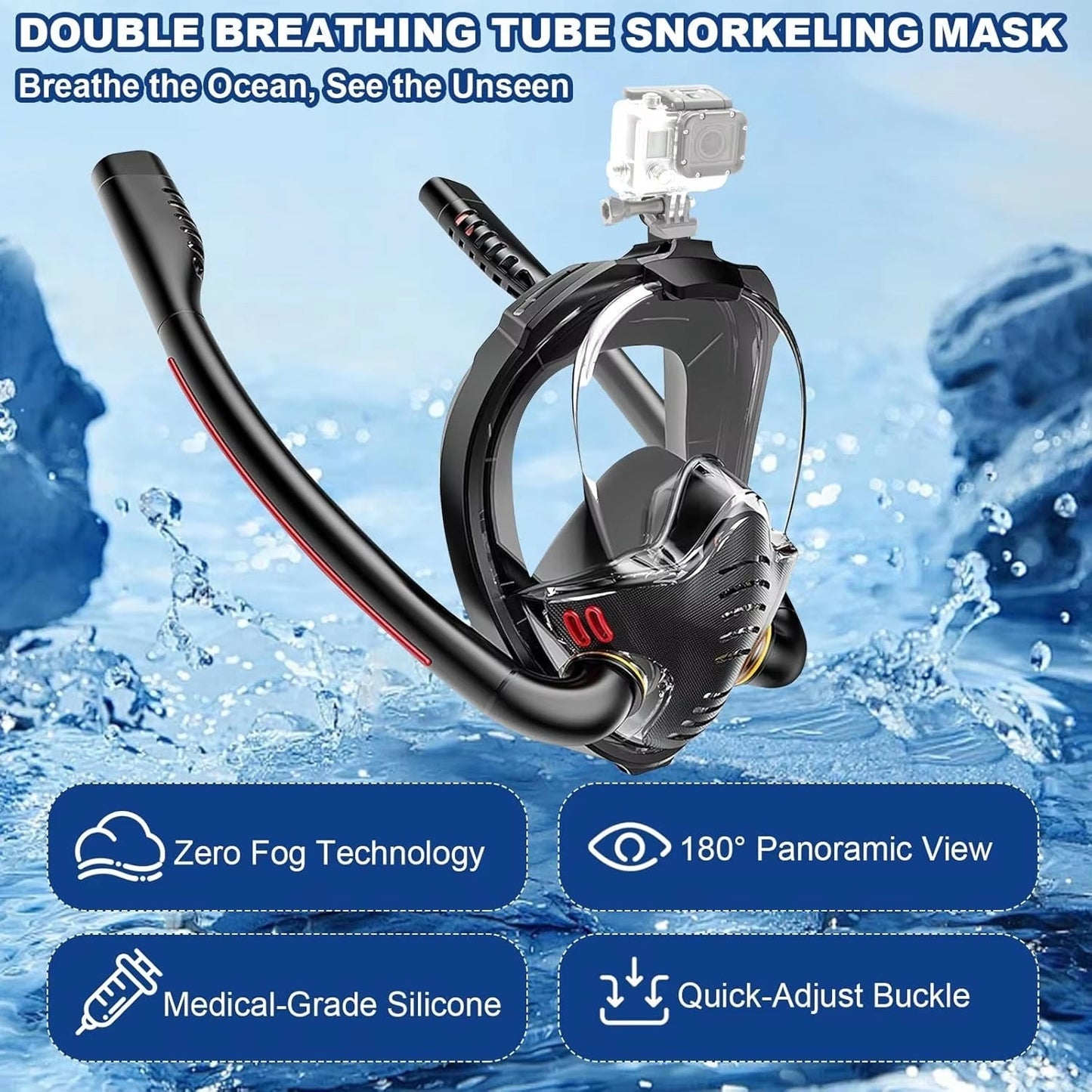 Sealenzi 180° Panoramic Full Face Snorkel Mask with Action Camera Mount