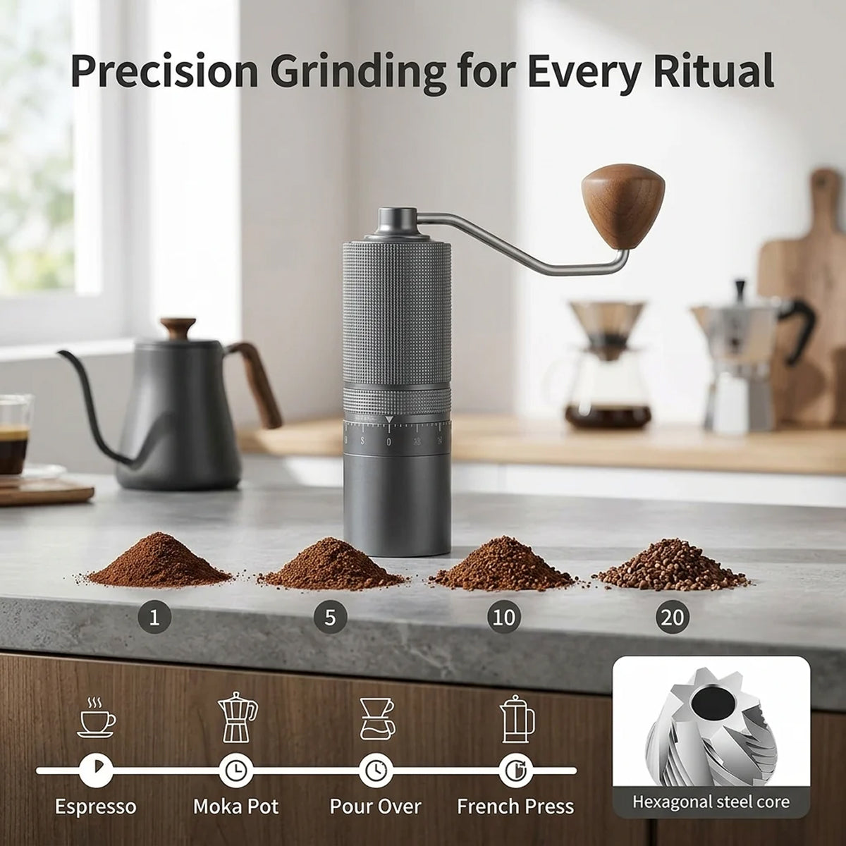 Manual Coffee Grinder 7-Core Steel for Espresso & Drip