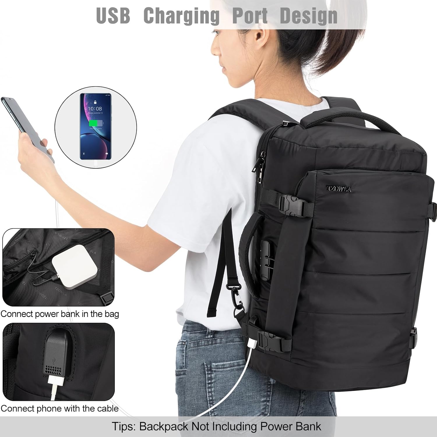 40L Water-Resistant Travel Laptop Backpack with USB Port & Lock