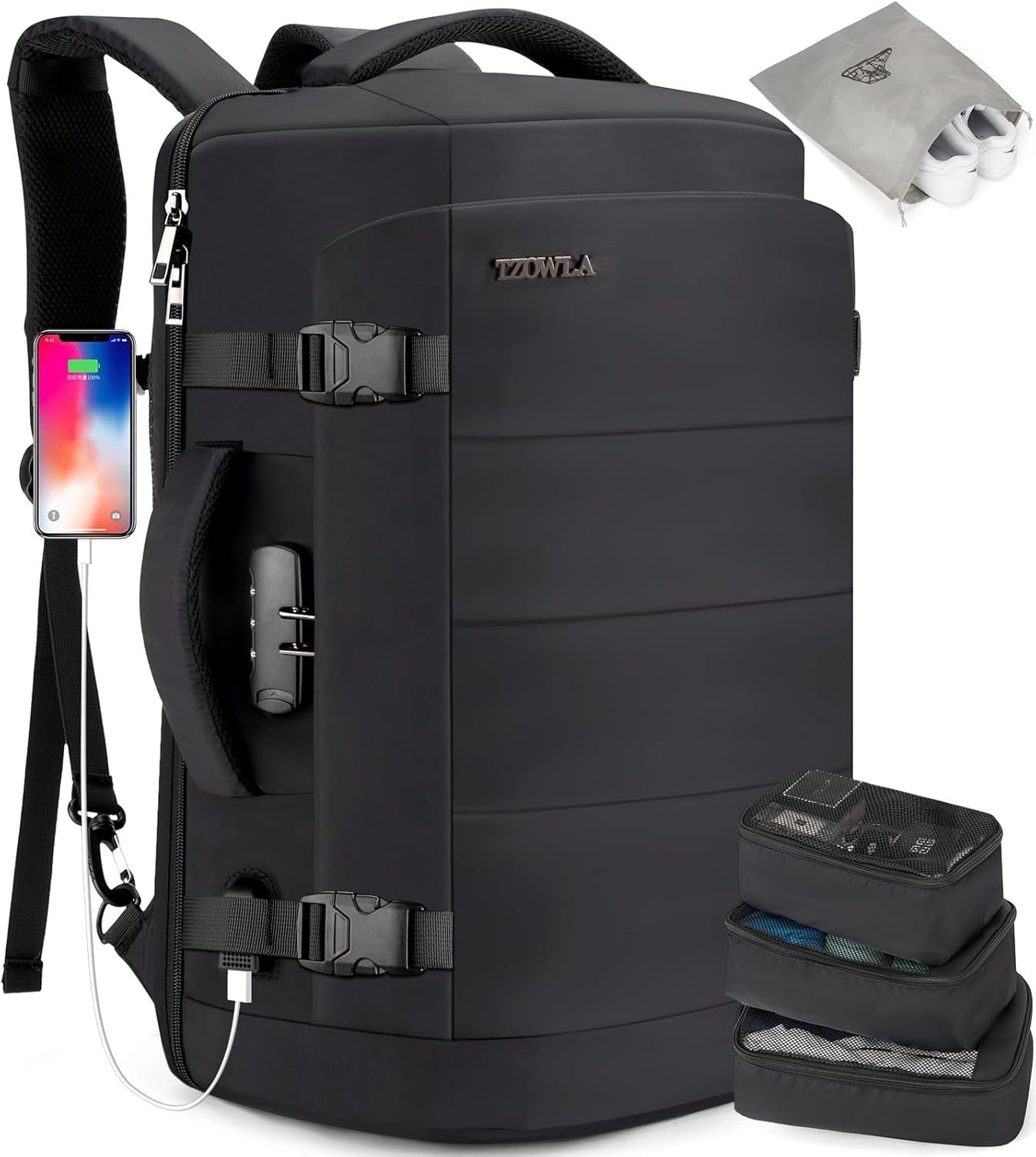 40L Water-Resistant Travel Laptop Backpack with USB Port & Lock