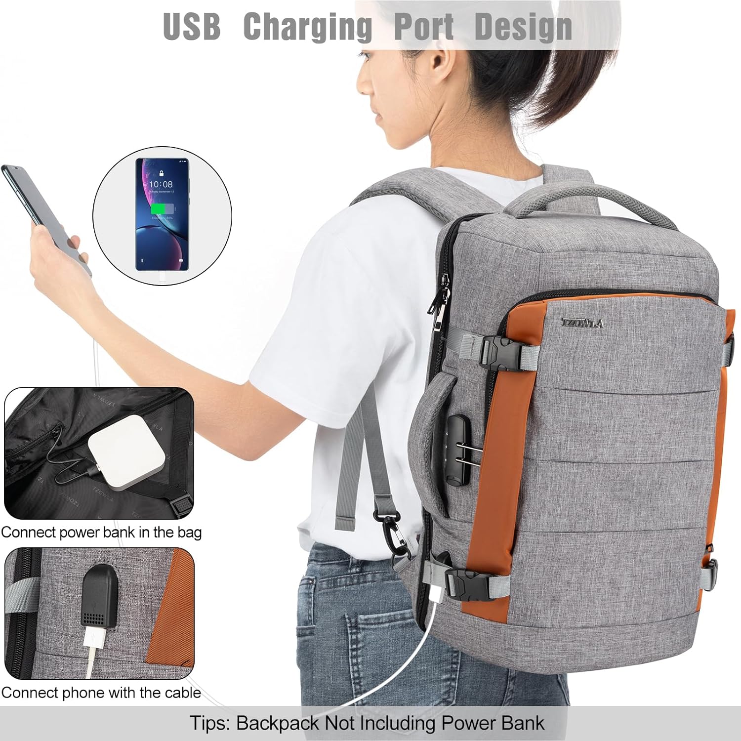 40L Water-Resistant Travel Laptop Backpack with USB Port & Lock